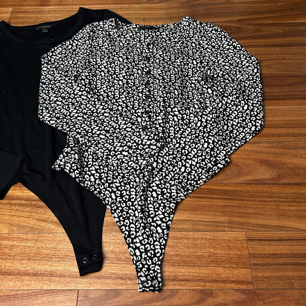 Banana Republic Womens Henley Bodysuit Set of 2 Black Leopard Print Size L